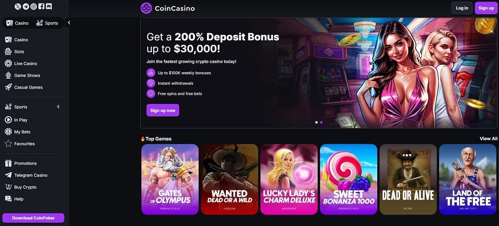 Coin Casino interface displaying slots and live dealer options.
