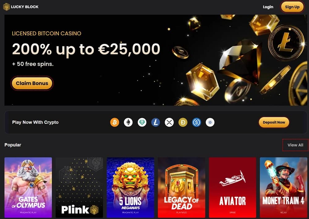 Lucky Block platform screenshot showcasing games and bonuses at one of the top crypto casinos in 2025